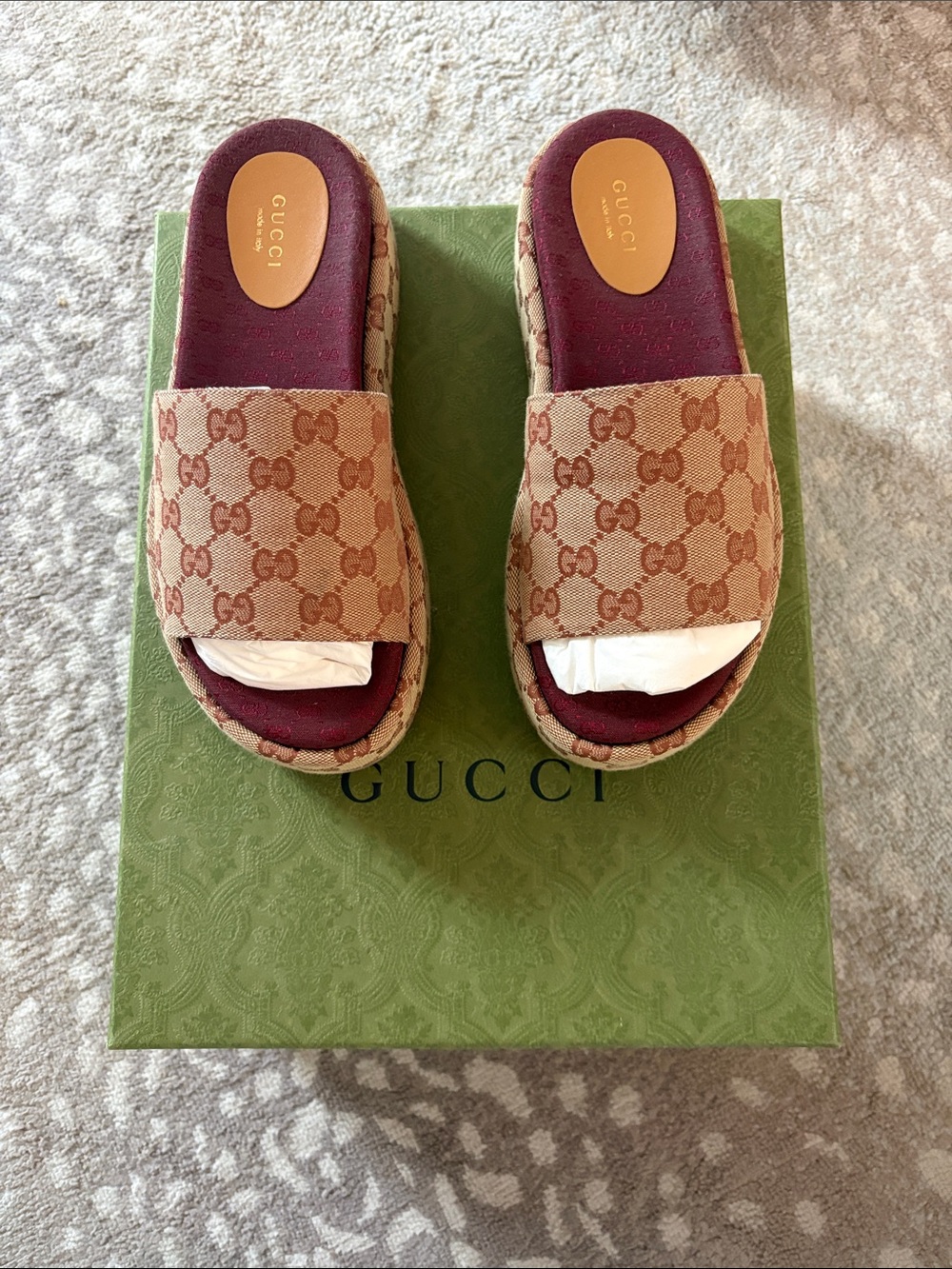 Gucci Beige GG Canvas Slide Mules with Burgundy Footbed